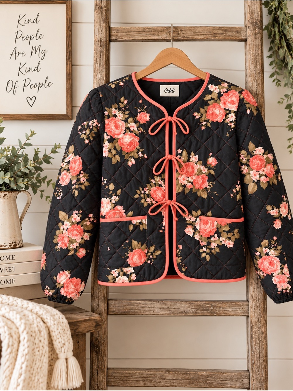 Oddi Floral Quilted Puffer Jacket in Black with Coral Trim